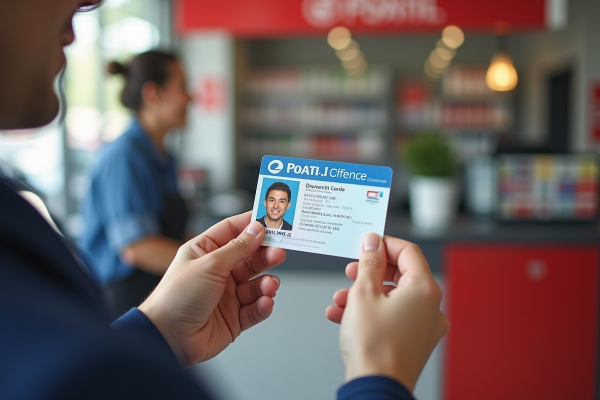 Mains tenant un permis de conduire français devant un bureau de poste