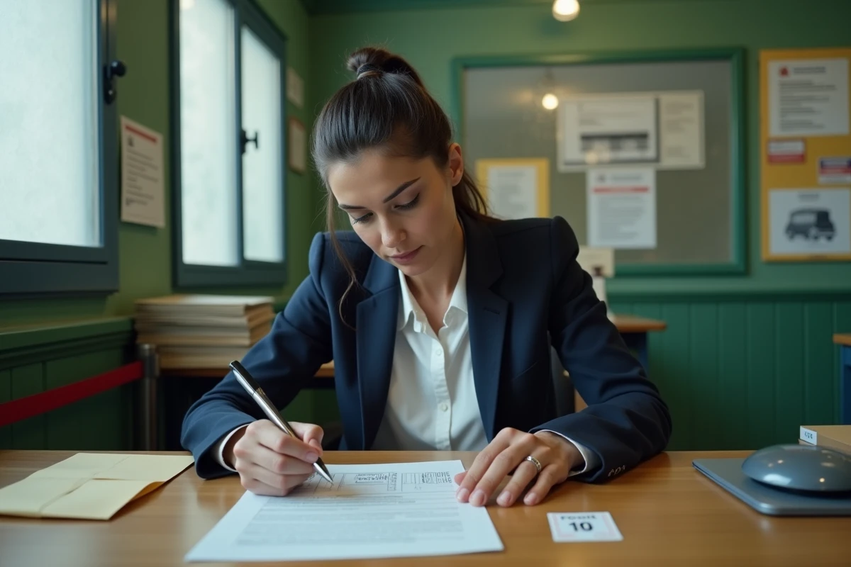 Femme remplissant un formulaire de paiement d'amende dans un bureau de poste italien