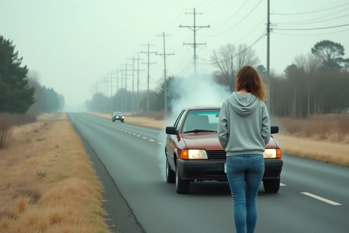 Femme en panne sur le bord de la route avec un moteur en surchauffe dégageant de la vapeur, erreur mécanique de conduite