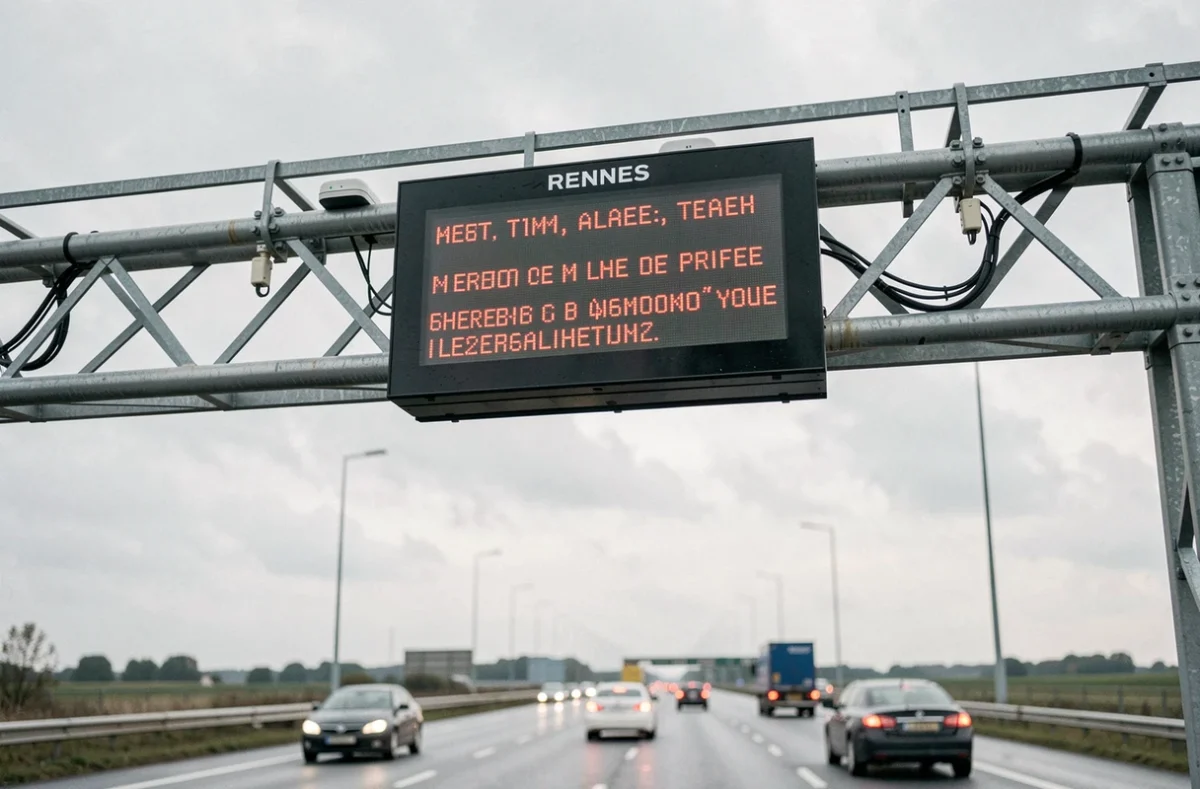 Panneau d'information routière signalant un accident et des perturbations du trafic à Rennes