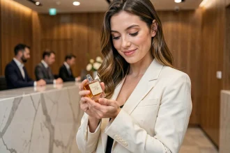 Femme professionnelle tenant un flacon de parfum personnalisé gravé à ses initiales dans un bureau moderne, évoquant l'identité olfactive comme carte de visite