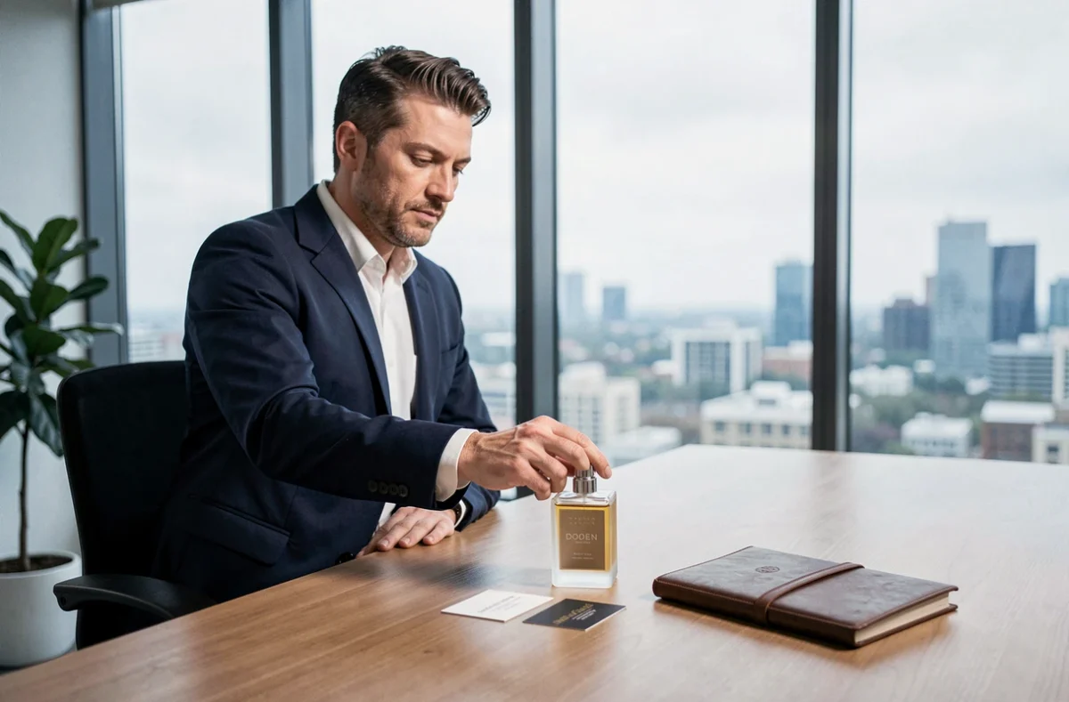 Homme d'affaires posant un flacon de parfum personnalisé à côté de ses cartes de visite sur une table de réunion, illustrant l'identité de marque personnelle olfactive