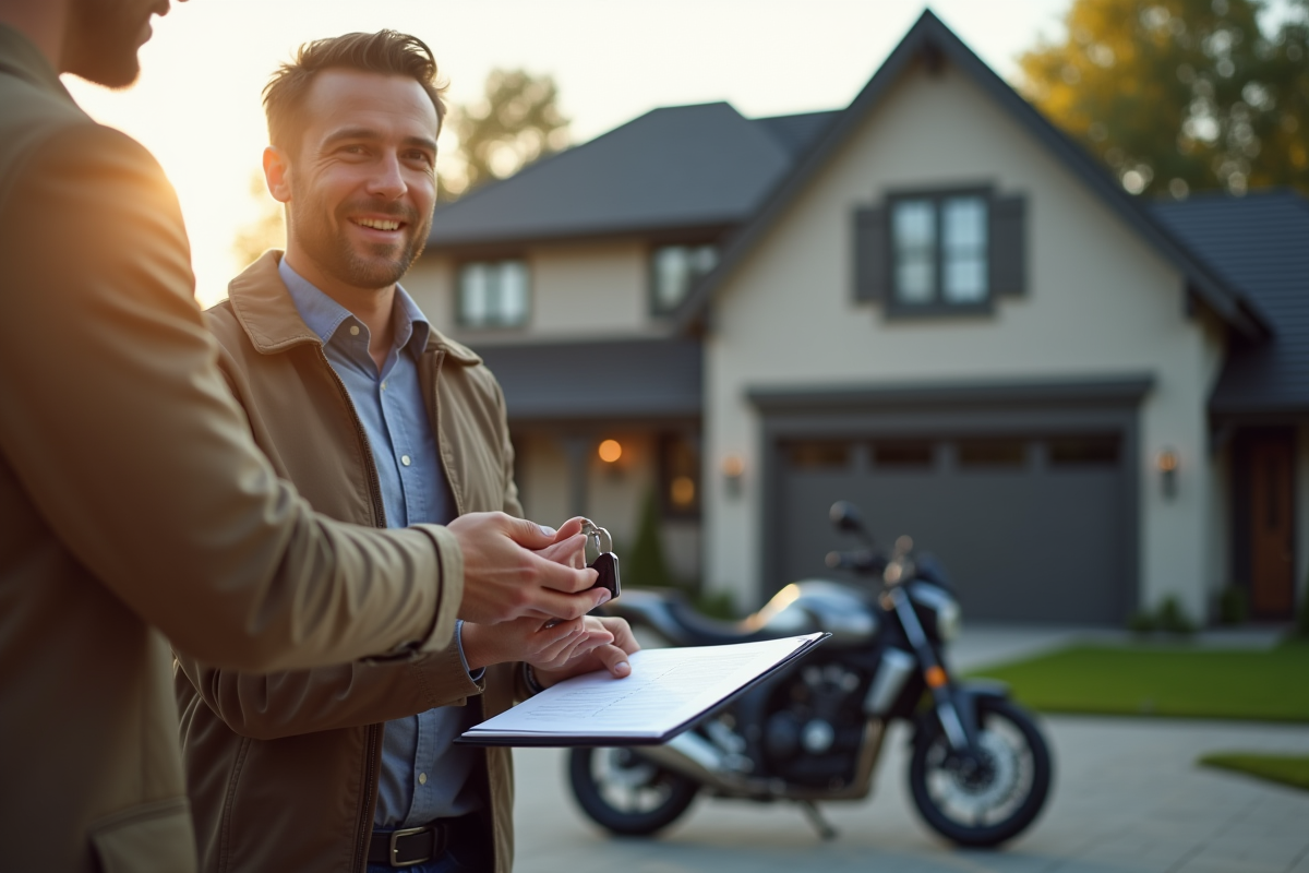 Homme remettant les clés de moto à une autre personne devant une maison moderne
