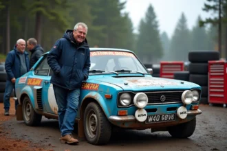 Homme passionne de rallye devant une voiture classique bleue