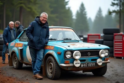 Homme passionne de rallye devant une voiture classique bleue