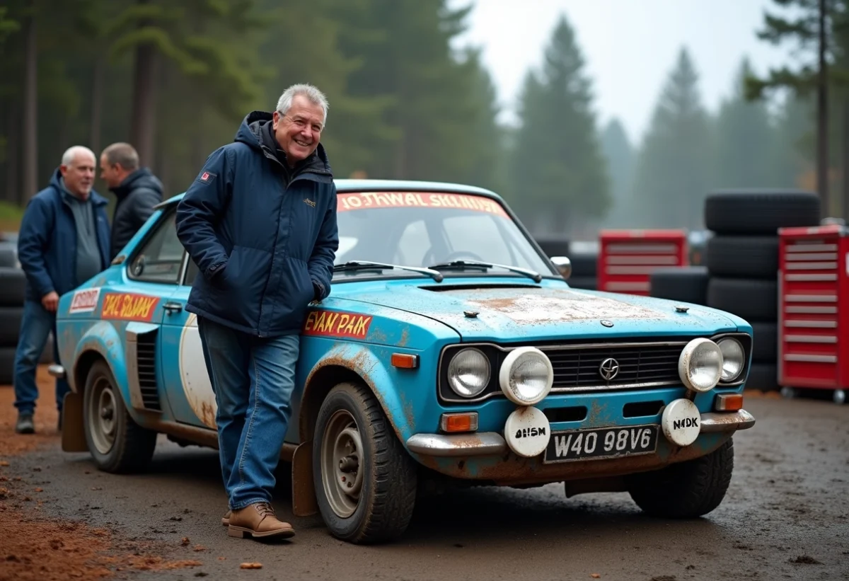 Homme passionne de rallye devant une voiture classique bleue