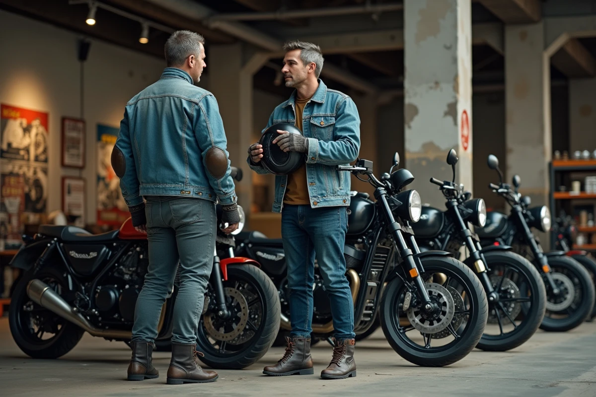 Deux passionnés de moto en veste denim discutant devant des motos naked puissantes dans un garage urbain aux murs en brique