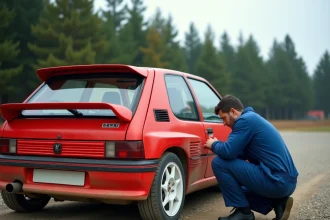 Peugeot 106 Maxi rouge en zone de service sur gravier avec mécanicien inspectant la suspension