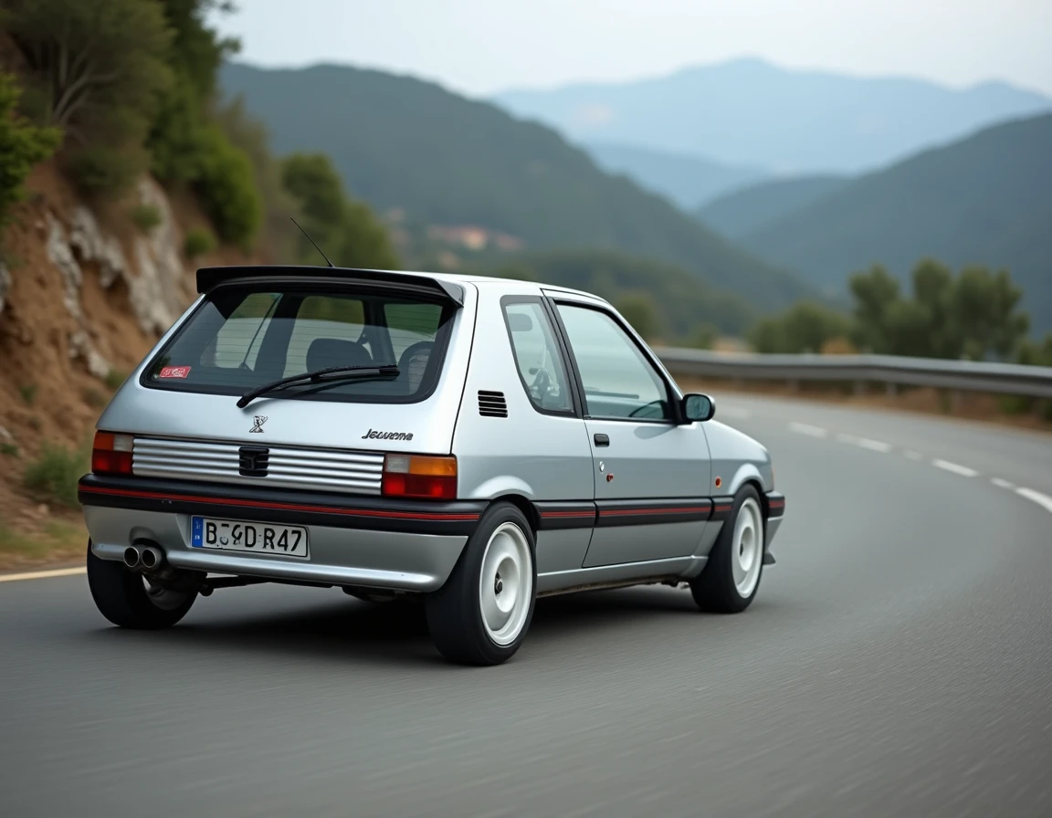Peugeot 106 S16 préparée en virage sur route de montagne avec détails mécaniques