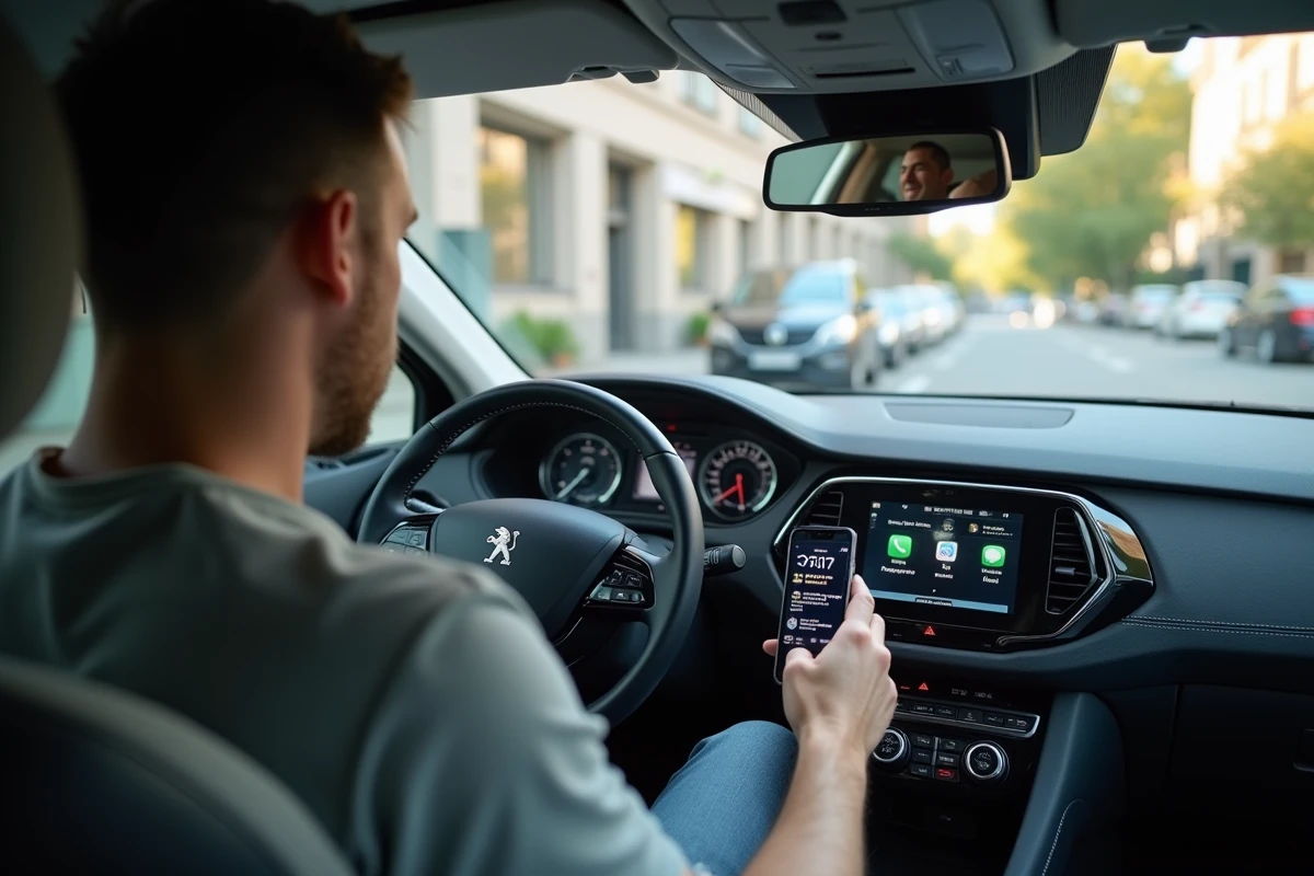 Passager utilisant le système de connectivité et l'écran multimédia de la Peugeot 308