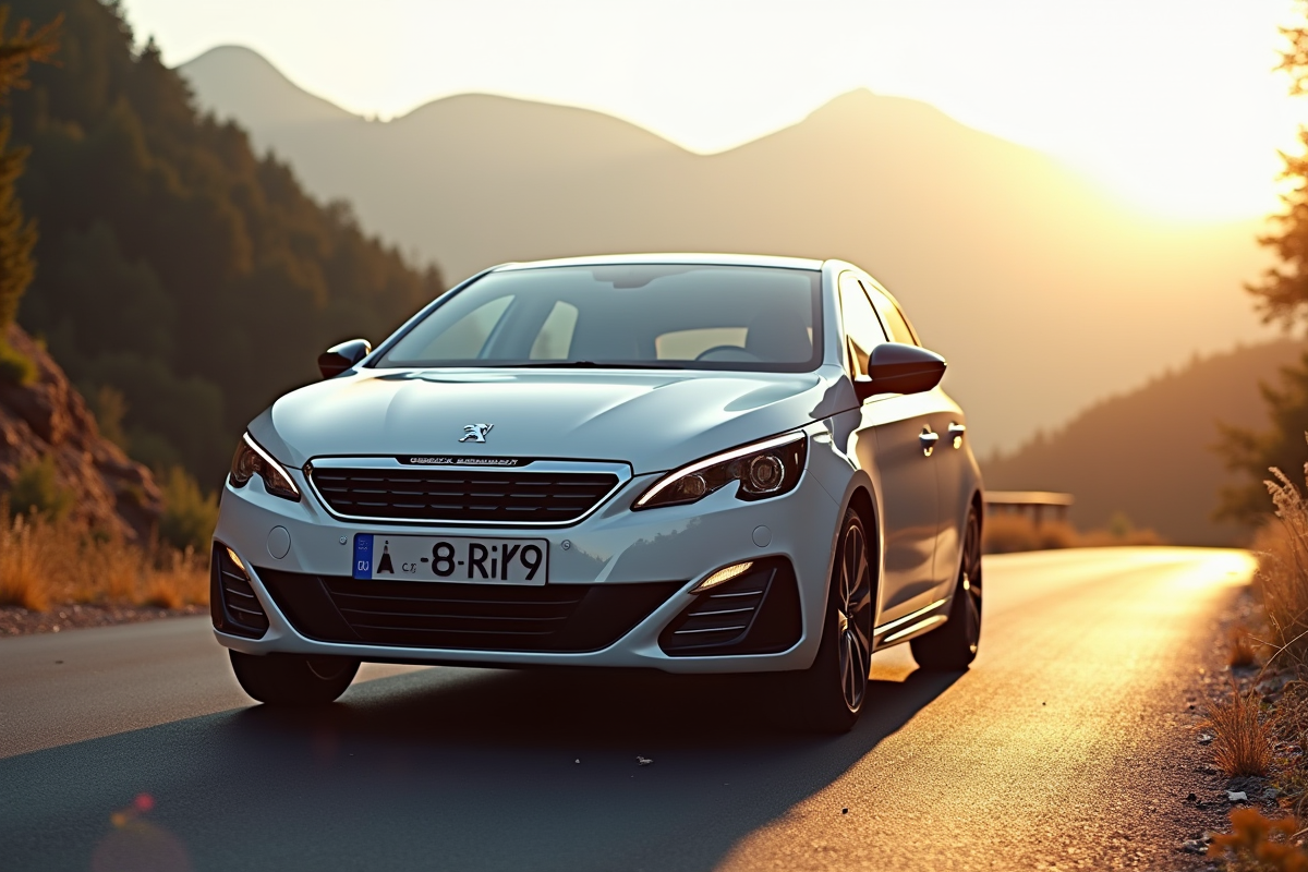 Peugeot 308 GTI automatique sur une route de montagne ensoleillee