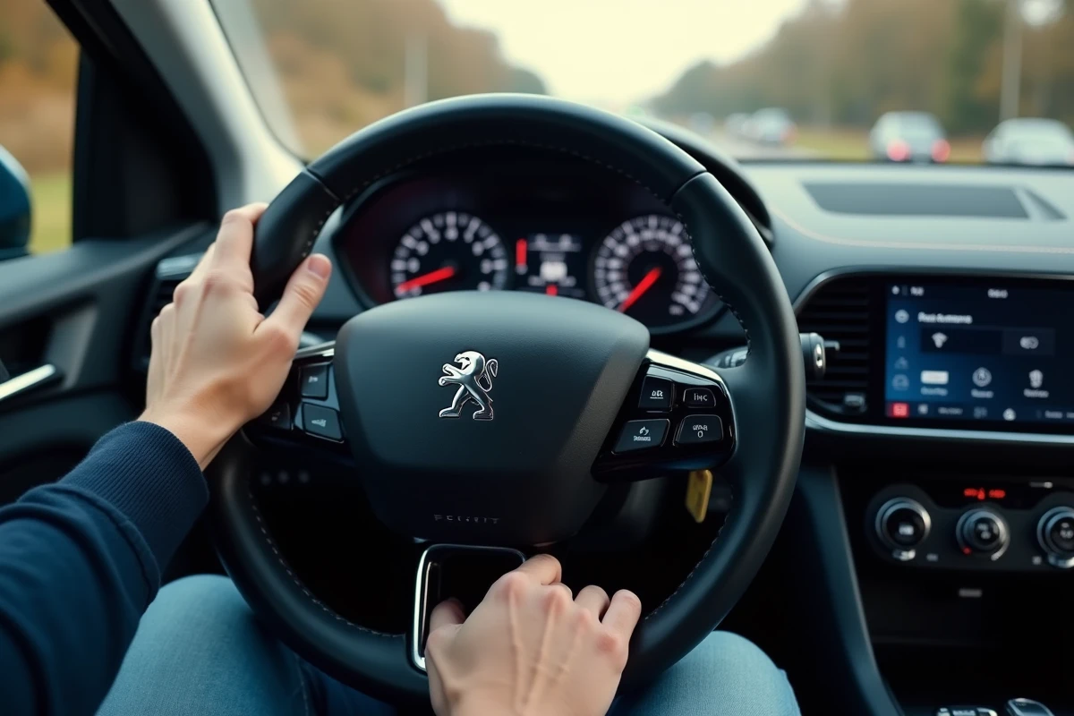 Gros plan sur le volant et l'i-Cockpit numérique de la Peugeot 308 avec aides à la conduite