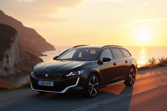 Peugeot 508 SW au lever du soleil sur une route côtière