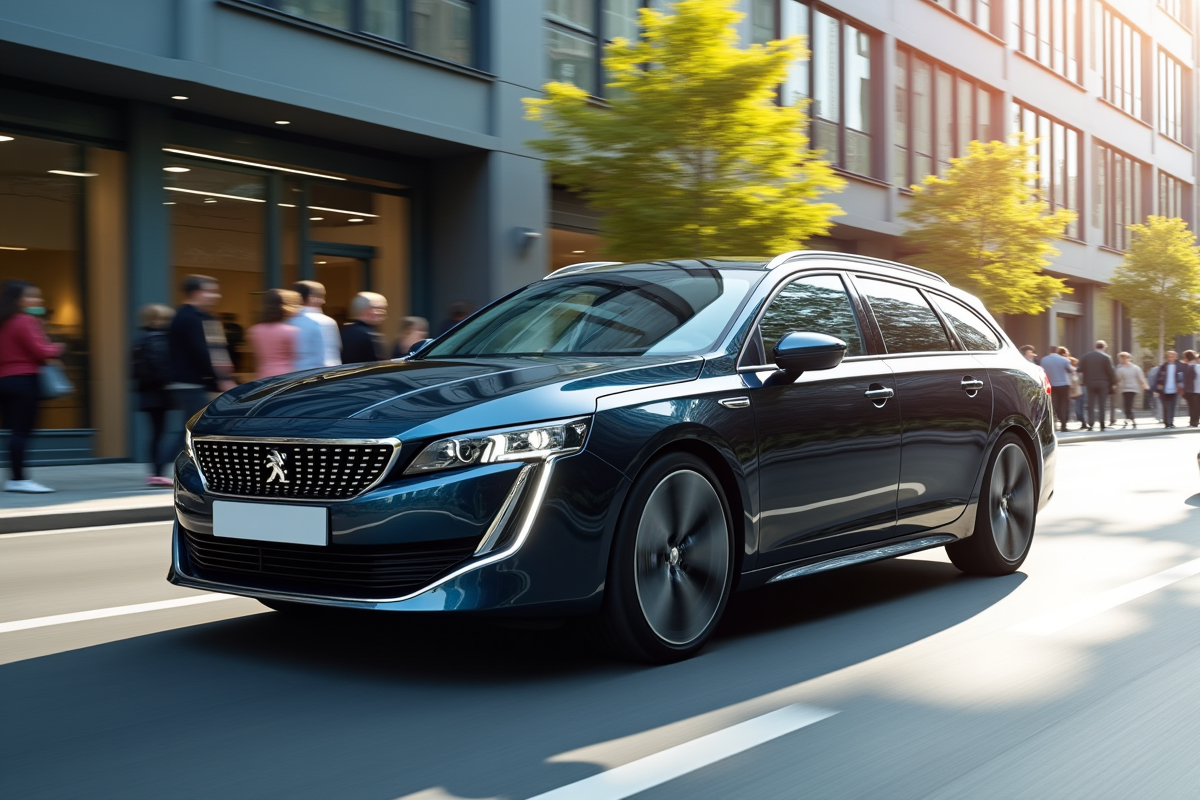 Peugeot 508 SW en ville avec architecture moderne en journée