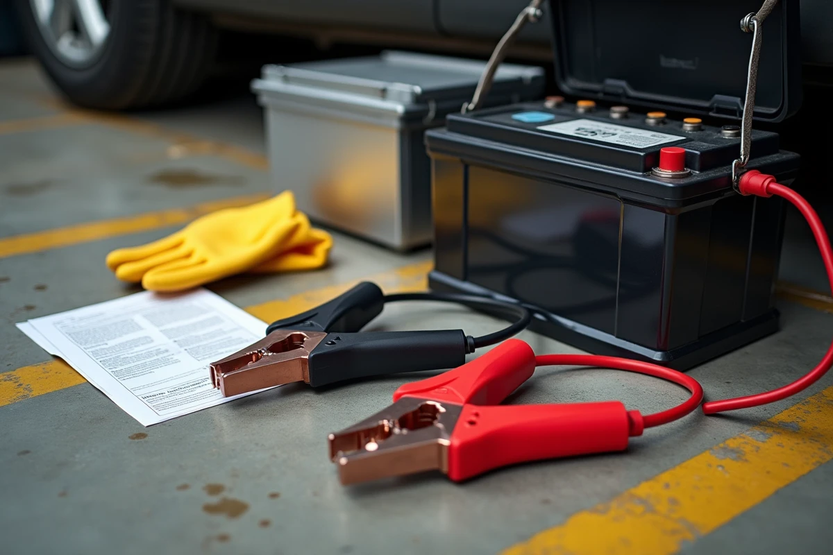 Pinces de démarrage rouge et noir posées sur le sol d'un garage avec des gants isolants et une notice de sécurité