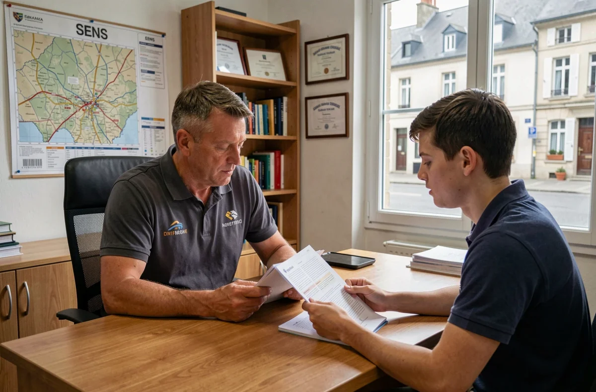 Instructeur de l'auto-école Pivin Legrand à Sens en entretien pédagogique avec un élève dans le nord de l'Yonne