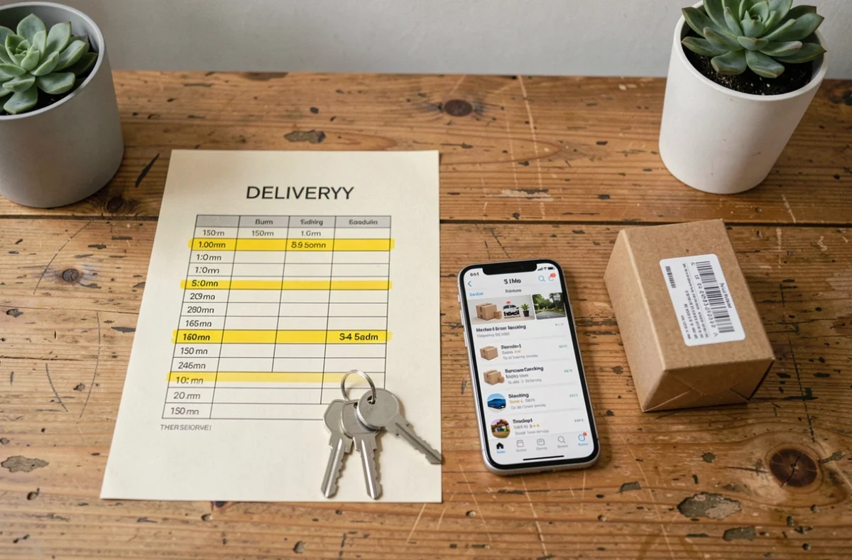 Planning de livraison imprimé avec horaires surlignés posé sur un bureau en bois avec smartphone et colis