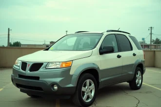 Pontiac Aztek garé sur un parking urbain américain, vue trois quarts avant sur fond industriel, style documentaire années 2000