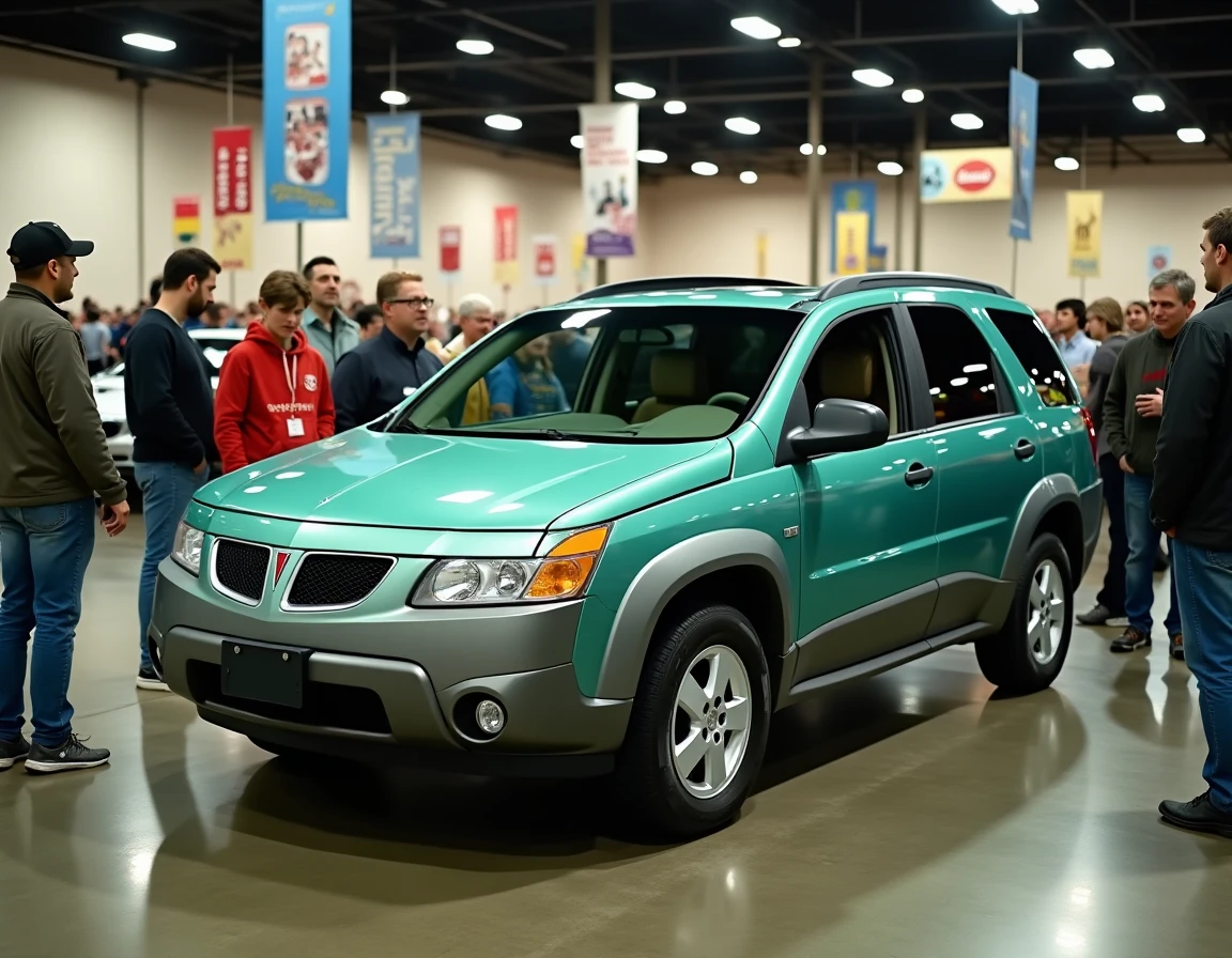 Pontiac Aztek exposée dans un salon automobile pour collectionneurs avec des visiteurs curieux autour du véhicule, ambiance hall d'exposition vintage