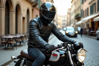 Motard en position de conduite upright sur une moto roadster en milieu urbain