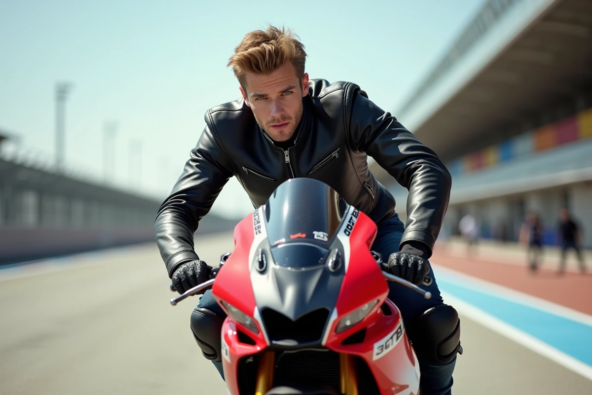 Motard en position sportive penchée sur une moto supersport dans un paddock