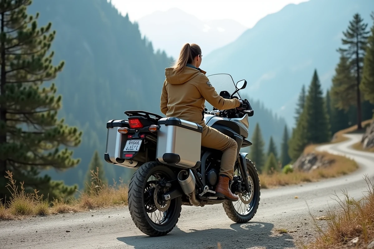Femme motarde en position adventure sur une moto trail en montagne