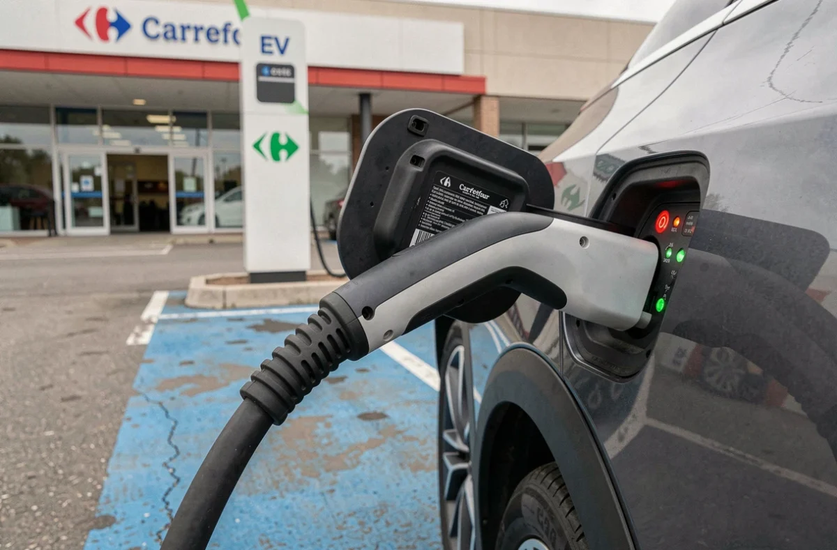 Gros plan sur la prise de recharge électrique branchée sur une voiture dans un parking Carrefour