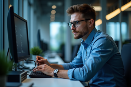 Homme en informatique connectant deux commutateurs réseau