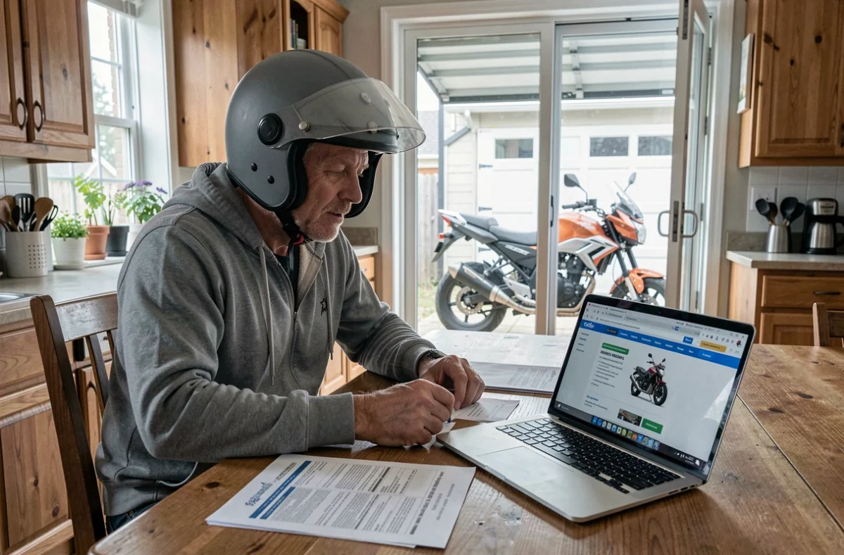 Propriétaire de moto 650cc étudiant des devis d'assurance à son bureau à la maison