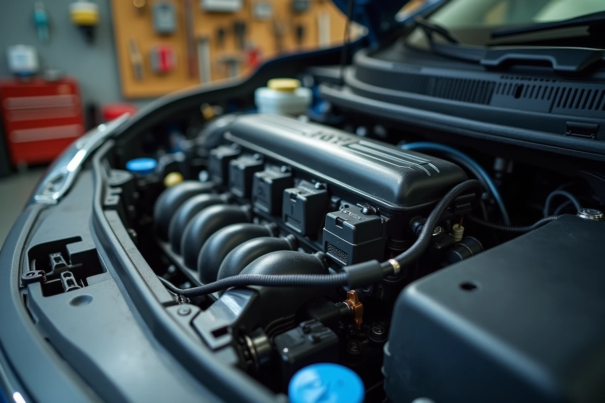 Gros plan sur le rail d'injecteurs et les connecteurs électroniques du moteur d'une Renault Clio 5 en cours de diagnostic