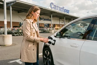 Femme branchant son véhicule électrique sur une borne de recharge Carrefour dans un parking de supermarché