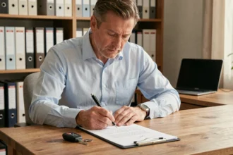 Homme rédigeant une lettre de résiliation d'assurance voiture à son bureau à domicile