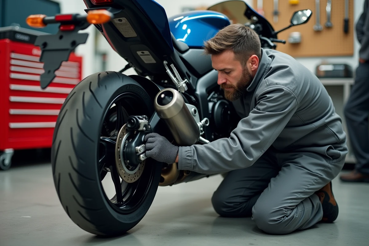 Technicien ajustant le réglage de l'amortisseur arrière d'une Suzuki GSX 600 R dans un atelier moto
