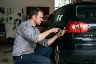 Mécanicien en train de démonter le feu arrière gauche d'une Volkswagen Golf 5 noire dans un garage résidentiel