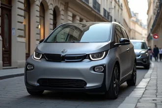 Renault Clio 5 grise garée dans une rue pavée parisienne, vue trois quarts avant mettant en valeur sa carrosserie moderne