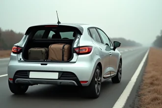 Renault Clio chargée de bagages sur une aire d'autoroute, illustrant l'impact du poids en long trajet