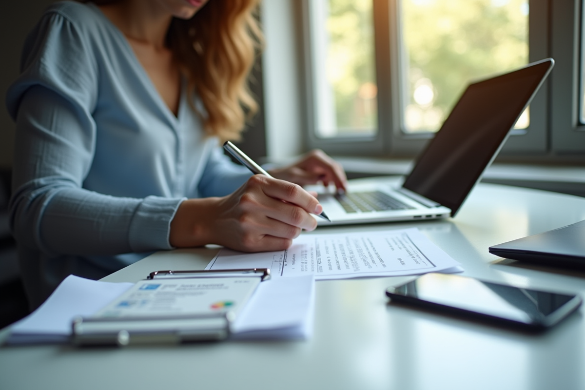Personne remplissant un formulaire de renouvellement de permis avec ordinateur et carte d'identité