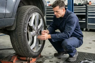 Technicien automobile inspectant une jante en aluminium endommagée dans un atelier de réparation professionnel