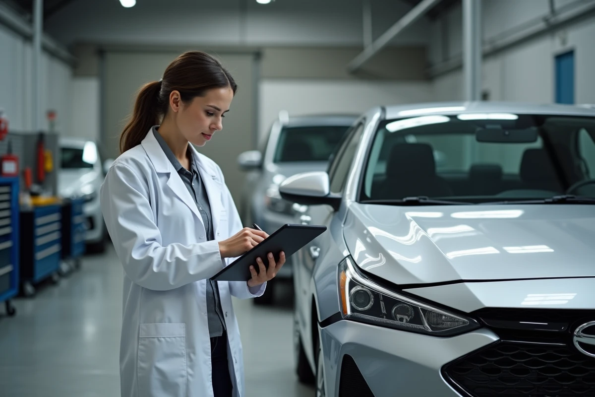 Responsable de carrosserie utilisant une tablette pour planifier les temps de réparation et gérer les pièces de rechange