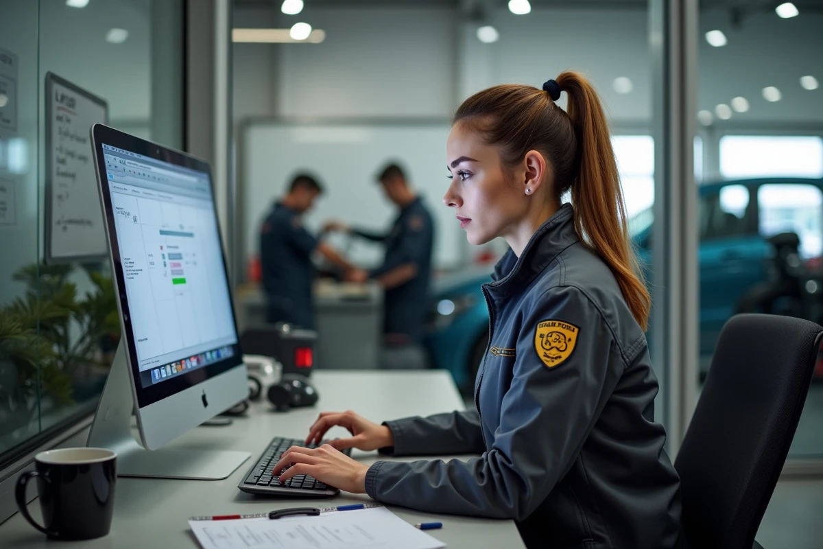 Responsable de garage féminine gérant la documentation atelier sur ordinateur dans un bureau vitré donnant sur l'espace de travail