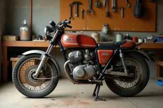 Honda XLV750R en cours de restauration dans un atelier, moteur exposé et réservoir déposé sur un établi