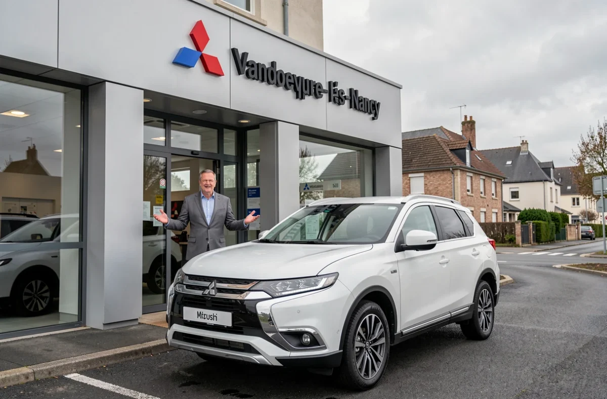 Façade du concessionnaire Mitsubishi Richard Alcaraz Automobiles à Vandoeuvre-lès-Nancy avec SUV exposé