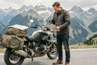 Motard en veste de cuir consultant une carte routière sur sa moto adventure garée sur une route alpine, avec les Alpes italiennes en arrière-plan, évoquant un road trip vers le salon moto de Milan 2026