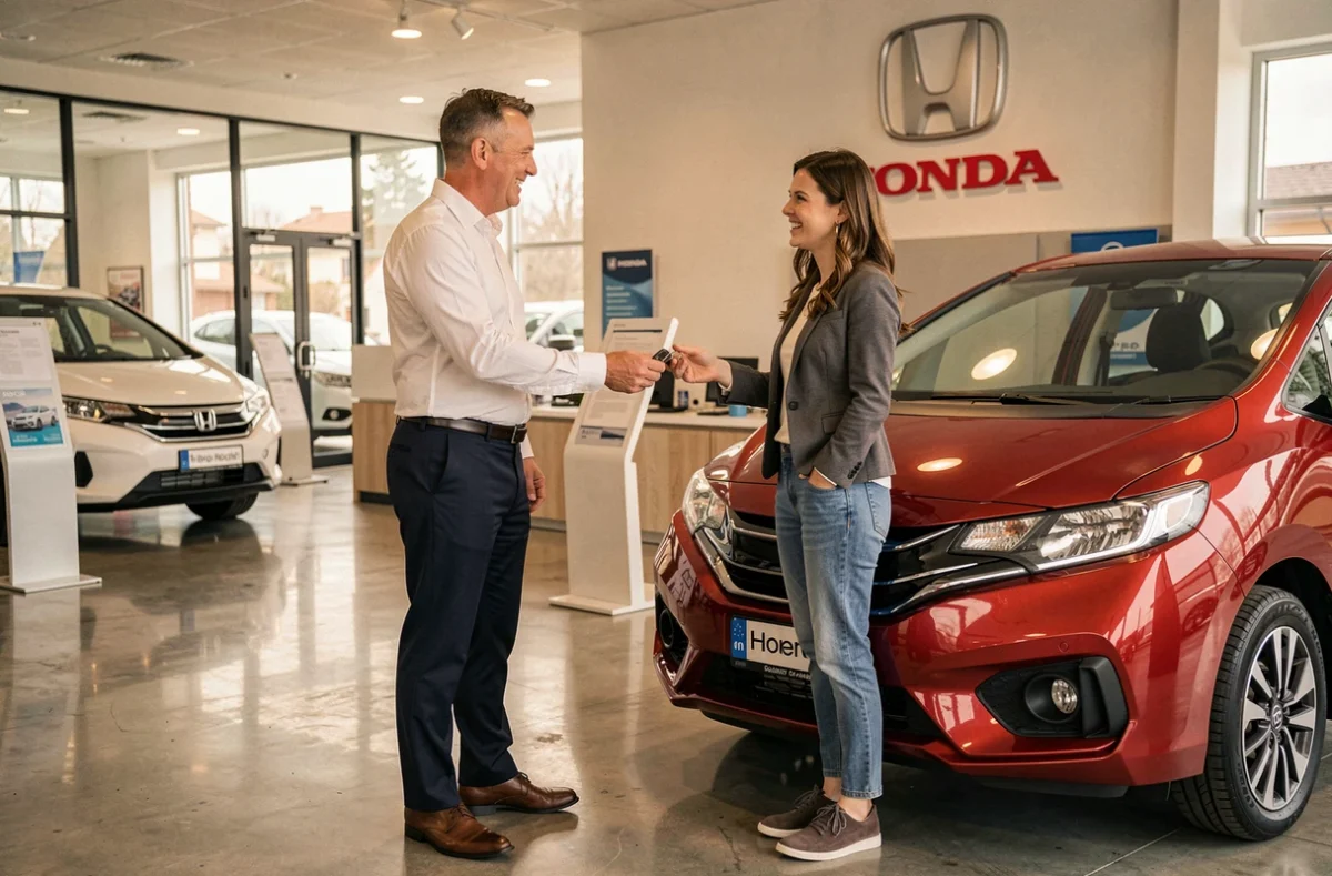 Remise de clés entre conseiller et client chez Scarpone Automobiles concessionnaire Honda à Nancy