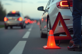 Voiture en panne avec triangle de signalisation et personne appelant