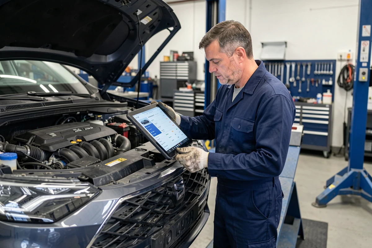 Mécanicien professionnel inspectant le moteur d'une SEAT Ateca sur pont élévateur dans un atelier automobile, représentant les coûts d'entretien