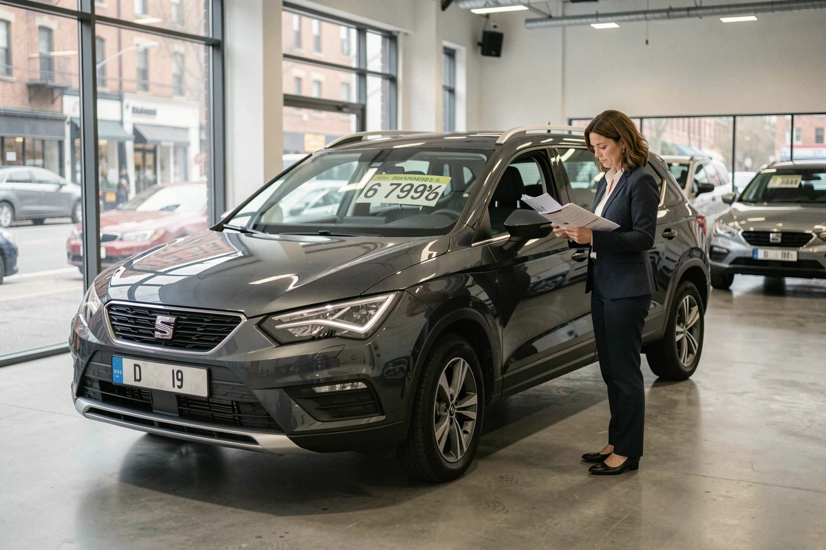 Femme examinant les documents d'une SEAT Ateca d'occasion dans une concession automobile, illustrant la valeur de revente du véhicule