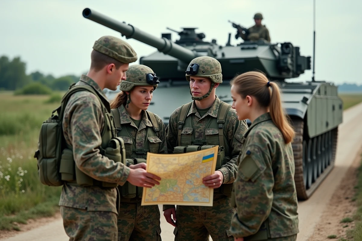 Jeunes soldats ukrainiens autour d une carte près d un char