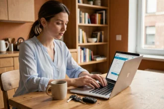 Jeune femme souscrivant une assurance scooter en ligne sur son ordinateur portable dans un appartement moderne