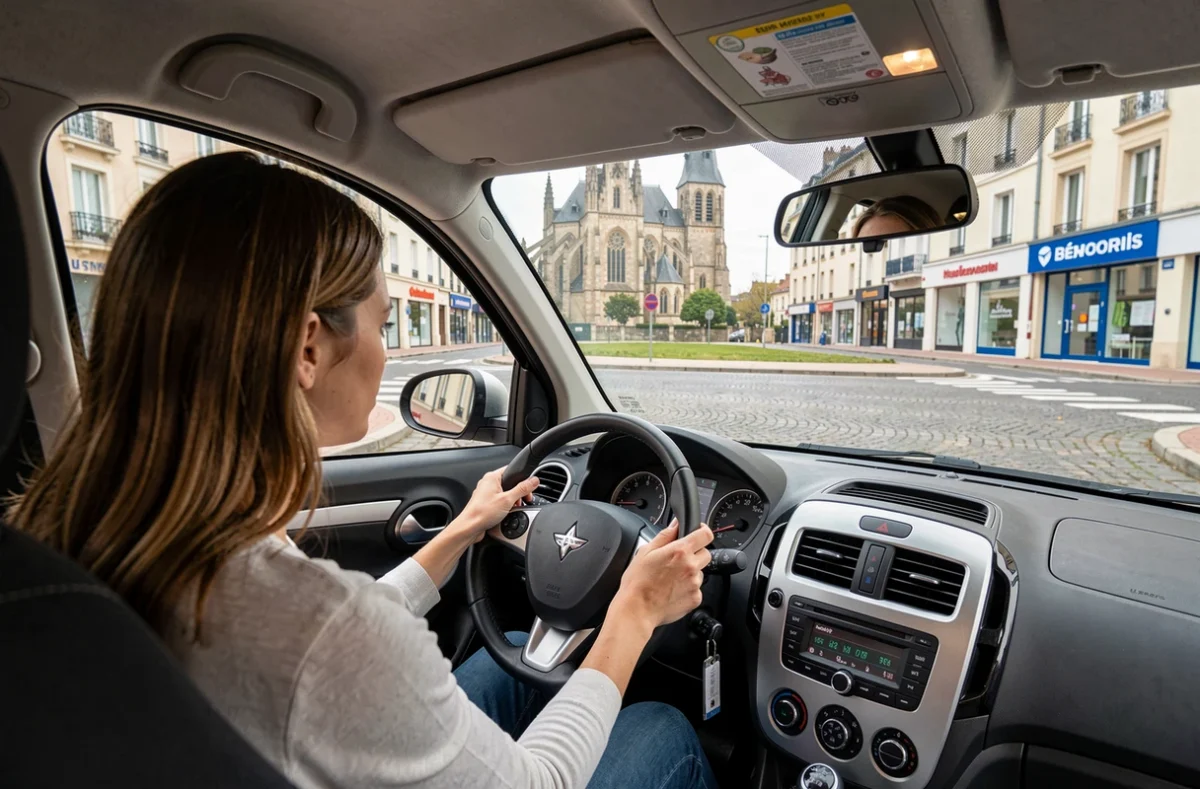 Élève de l'auto-école Square au volant dans les rues de Sens avec la cathédrale en arrière-plan